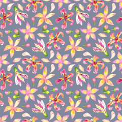 Seamless watercolor pattern of spring flowers . Gray background.