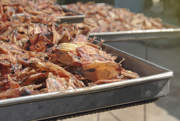Dried squid is seafood Processing  ,Traditional way to produce dried shrimp by drying under sunlight.