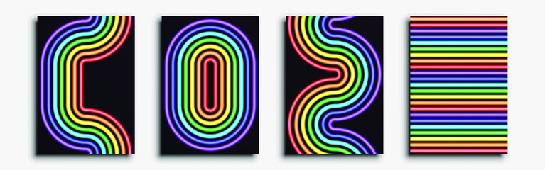 Minimalistic covers design. Neon rainbow. Set of four flyers. Cyberpunk neon lines. This abstraction can be used for invitations, posters and flyers. Vector illustration.