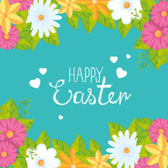 happy easter card with flower and leafs decoration vector illustration design