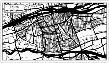 Tours France City Map in Black and White Color in Retro Style. Outline Map.
