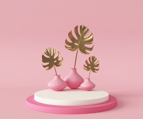 3d rendering podium background mock-up scene. Tropical gold palm leaves. Abstract geometry shape pastel color. Minimal geometric shape. Cosmetic background for product presentation.