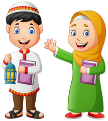 Two muslim kids carrying Ramadan Lanterns and al-quran. Vector illustration