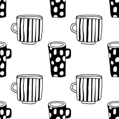 Tea and coffee mugs. Seamless pattern. Black and white illustration for coloring book