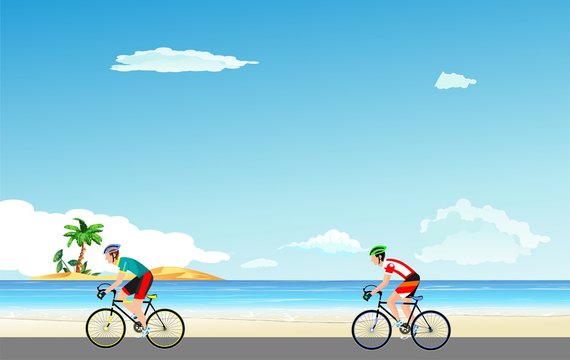 Cycling race team on beach seaside background, cyclist vector 