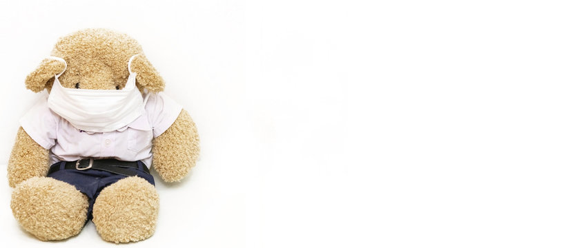 toy bears wear surgical mask for social distance away from pandemic corona virus or covid-19 during quarantine period. Health and medicine concept
