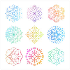 Set of round gradient mandala on white isolated background. Mandala with floral patterns. Yoga template.