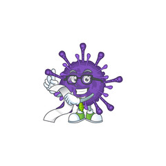 cartoon character of coronavirinae holding menu on his hand