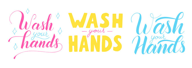 Wash your hands vector lettering text isolated on white background. Poster about hygiene. Restroom or bathroom print, toilet quote. Safety measure against viruses and bacteria. Hand drawn illustration