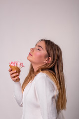 vertical profile portrait of a teenage girl on a white background