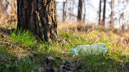 Obraz premium plastic bottle lies on the grass under a tree in the forest in the rays of sunlight close-up. Environmental pollution, natural environment, biosphere garbage discharge on the street