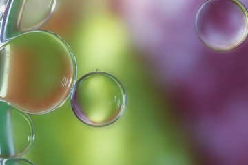 Oil drops floating on water surface ,With green and purple background ,close up