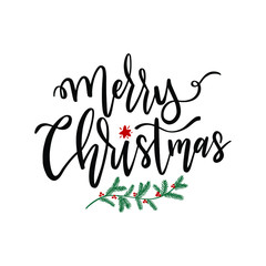 Merry Christmas hand drawn lettering. Modern calligraphy for greeting card,