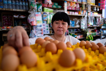 Asian Indonesian women arranging eggs inside small local family-owned business store, locally...
