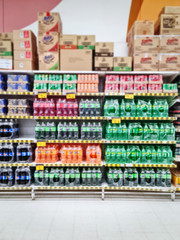 Full Frame Blurred Background of Packs of Soft Drink Bottles on Shelf at Retailed Store