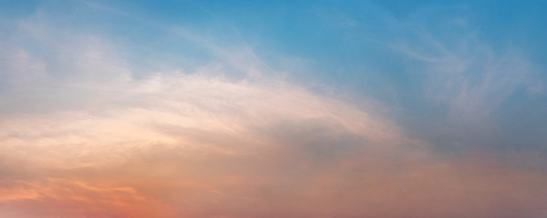 Panorama of Dramatic vibrant color with beautiful cloud of sunrise and sunset. Panoramic image.