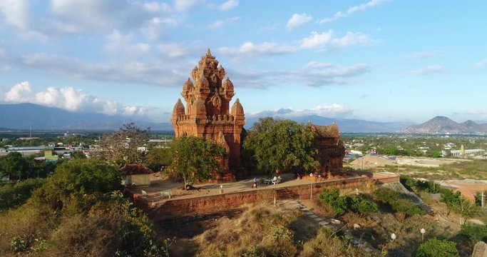 Aerial view of Poklongarai champa tower. Old Brick cham towers in Phan Rang, landmark Vietnam. Asia Travel concept. Journey through Vietnam Concept