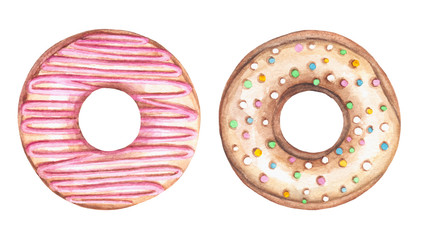 Hand painted watercolor glazed donuts set. Isolated on a white background.