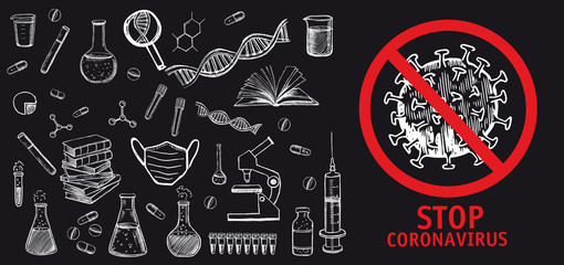 Coronavirus, dna, blood test. Laboratory research vector hand drawn icons set. 