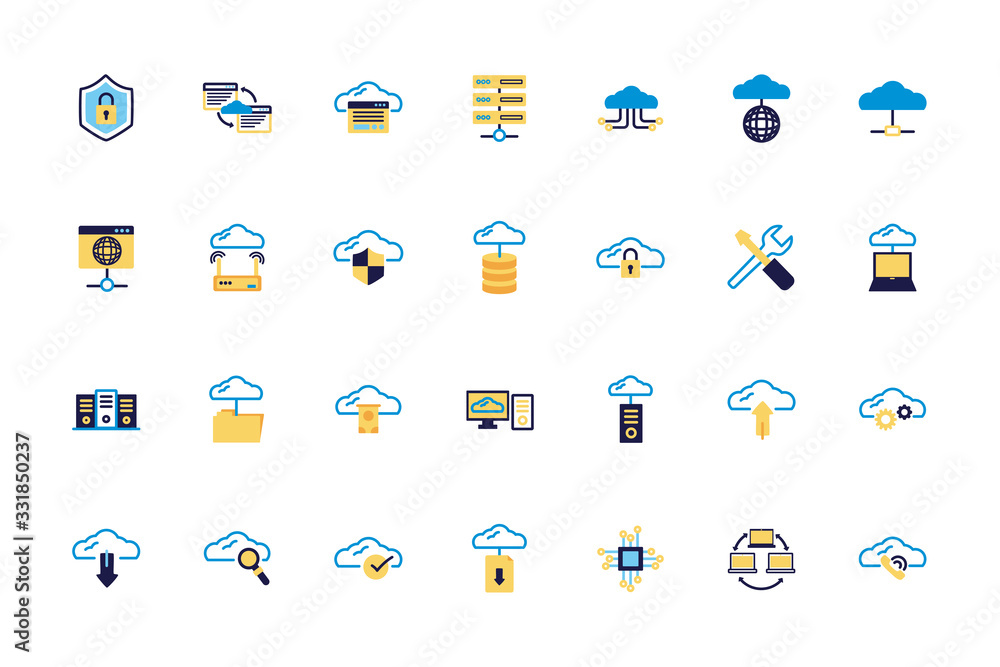 Poster bundle of cloud computing lineal colors style icons