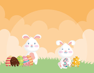 happy easter celebration card with rabbits and eggs painted