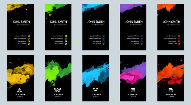 Bundle set of bright colorful business card template with vector watercolor paint splash on black background