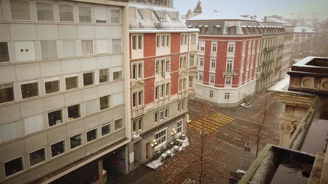 Zurich Switzerland. Center of town near Paradeplatz and Bahnhofstrasse ith little activity. Old traditional European architecture.