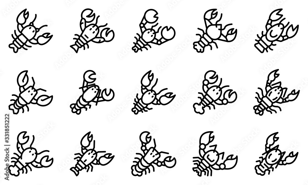Poster lobster icons set. outline set of lobster vector icons for web design isolated on white background