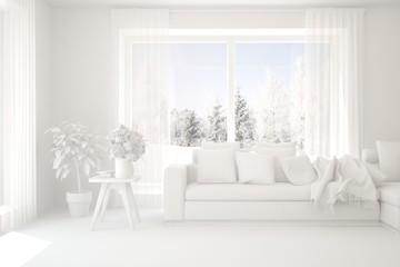 White minimalist living room with sofa. Scandinavian interior design. 3D illustration