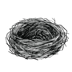 Sketch hand drawn bird's nest. Empty nest made of branches and grass