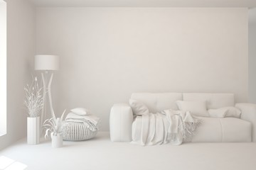 White minimalist living room with sofa. Scandinavian interior design. 3D illustration