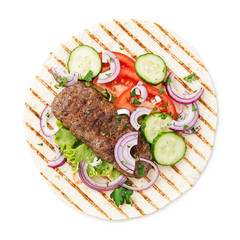 Grilled meat kebabs (cutlets) served with vegetables and tortilla, flatbread. isolated on white background