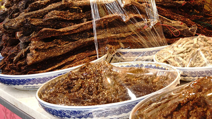 Yak jerky is one of the top Sichuan Chengdu specialty spicy snacks. 