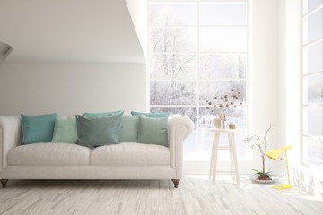 White living room with sofa and winter landscape in window. Scandinavian interior design. 3D illustration