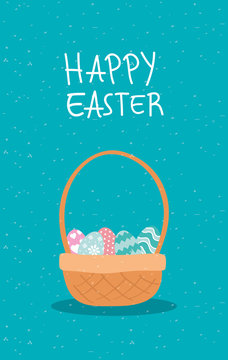 happy easter celebration card with eggs painted in basket
