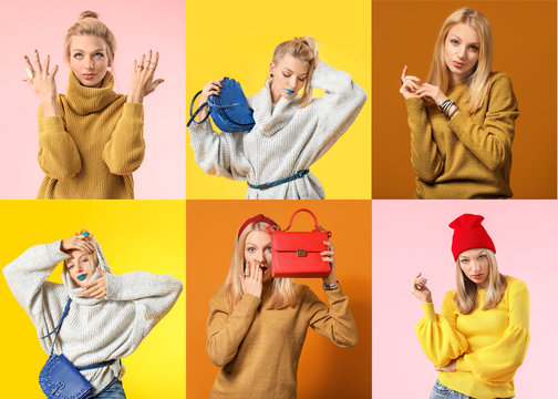 Collage of photos with young woman in different warm sweaters