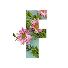 Letter F with beautiful flowers on white background