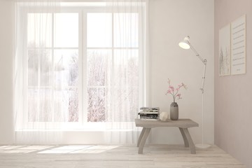 Mock up of empty living room in white color with winter landscape in window. Scandinavian interior design. 3D illustration