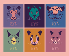 Set of various wild animal faces with the inscription quote roar. All elements are isolated.