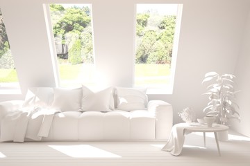 White living room with sofa and summer landscape in window. Scandinavian interior design. 3D illustration