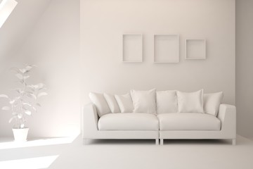 White minimalist living room with sofa. Scandinavian interior design. 3D illustration