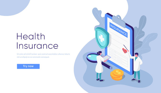 "Health insurance" concept background. Flat isometric illustration with characters. Eps10 vector.