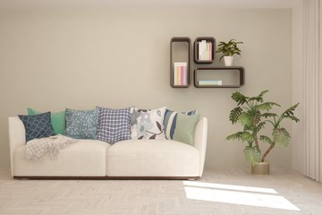 White living room with sofa. Scandinavian interior design. 3D illustration