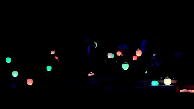 People with handheld paper lanterns (andon) at a night event.  Japan.