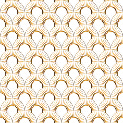 Art Deco gold seamless pattern isolated. Art deco golden sun pattern on a white background. The pattern overlaps each other. Stock vector seamless pattern. Art Deco for textile, packaging, background,