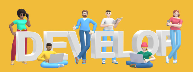 Group of young multiethnic successful people with laptop, tablet, phone and word develop on yellow background. Horizontal banner cartoon character and text website slogan. 3D rendering.