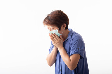 concept of coronavirus 2019 Asian women have nasal discharge, coughing, sneezing, and fever.There is a mask covering the mouth and nose to prevent the epidemic. On a white background