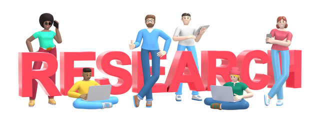 Group of young multiethnic successful people with laptop, tablet, phone and word research on white background. Horizontal banner cartoon character and text website slogan. 3D rendering.