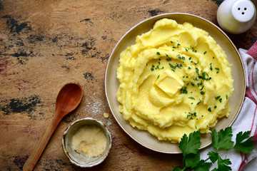 Mashed potato with parmesan cheese. Top view with copy space.