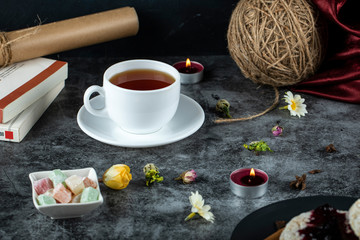 A cup of tea with turkish sweets